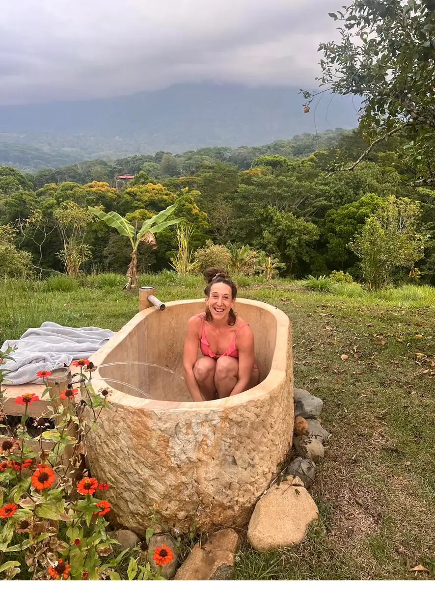 Wood-fired soaking tub at sunset