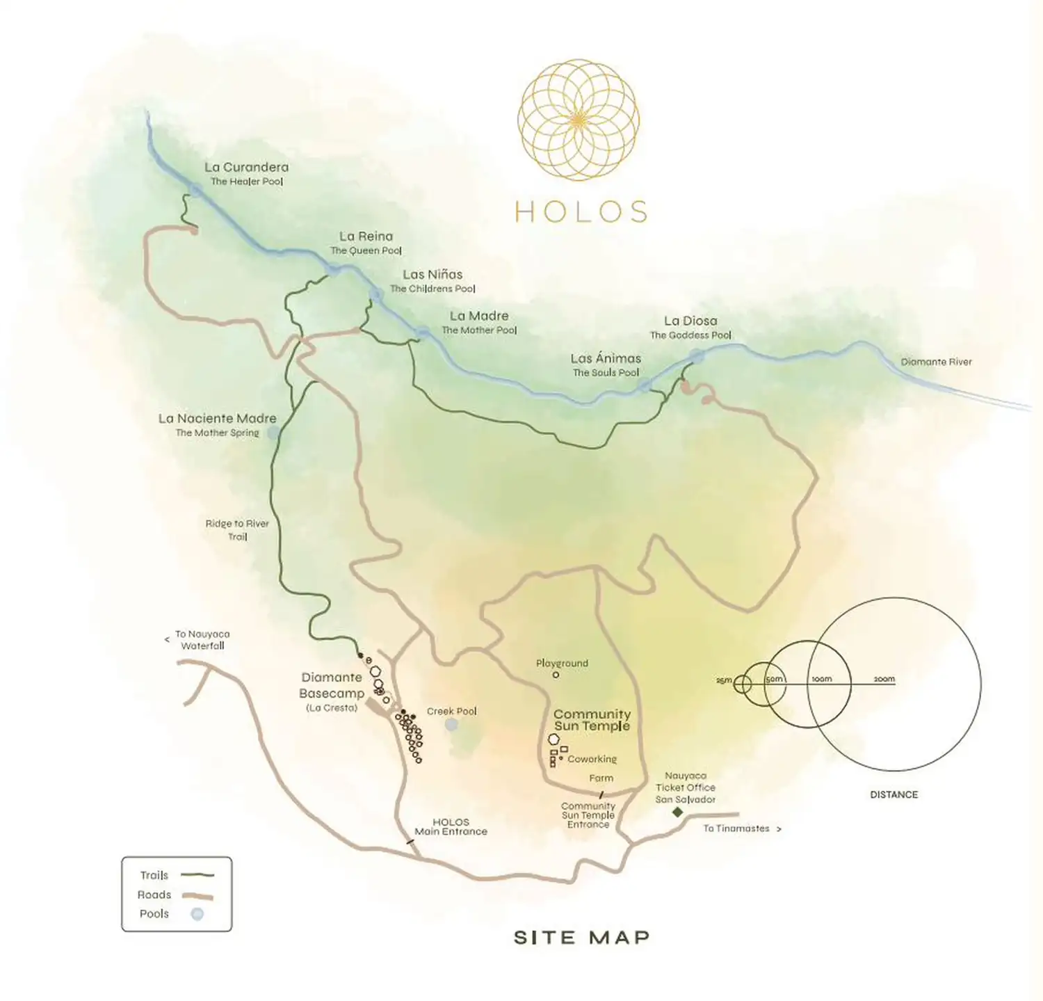 Illustrated map of the Holos property showing the Diamante River, six waterfall pools, jungle trails, fruit forests, and Diamante Basecamp